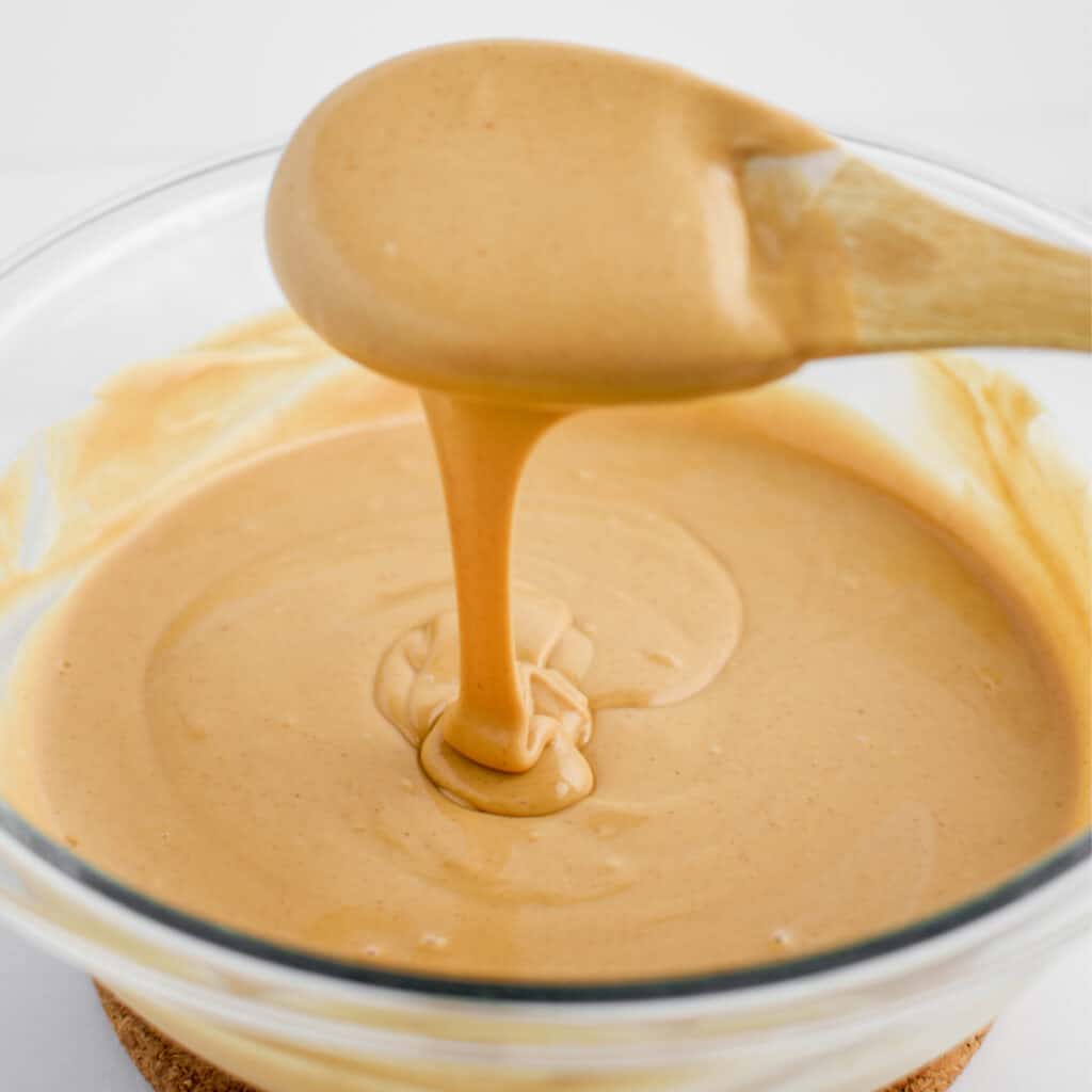 Fully Mixed Fudge Batter with Wooden Spoon