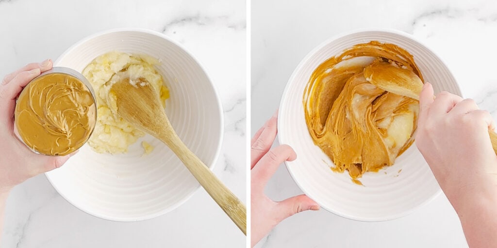 Adding Peanut Butter to Egg and Sugar Mixture in Bowl