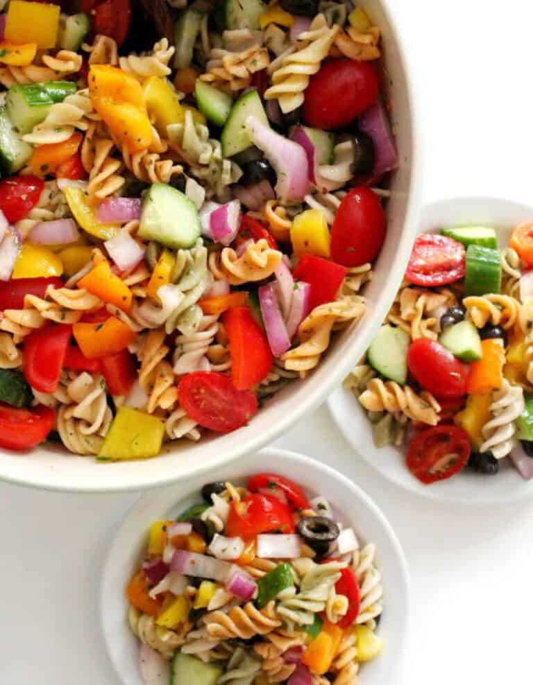 Classic Italian Pasta Salad in White Serving Bowls