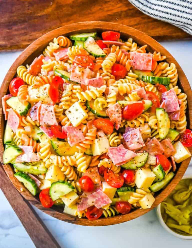 Easy Pasta Salad in Wooden Bowl