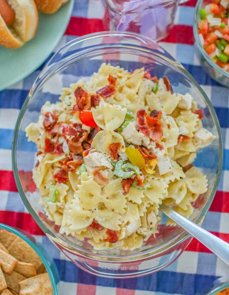 Chicken Bacon Pasta Salad on Checkered Table Cloth