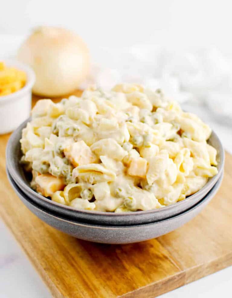 Tuna Pasta Salad in Grey Bowl on Wooden Cutting Board