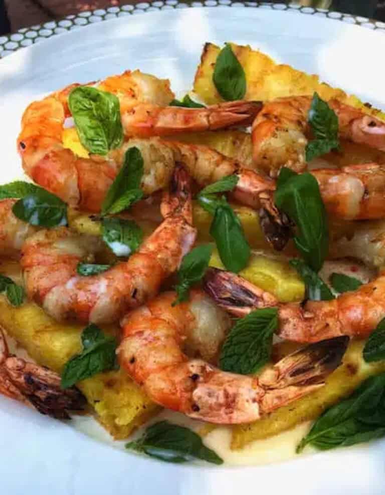 Chili Pineapple and Shrimp on White Plate