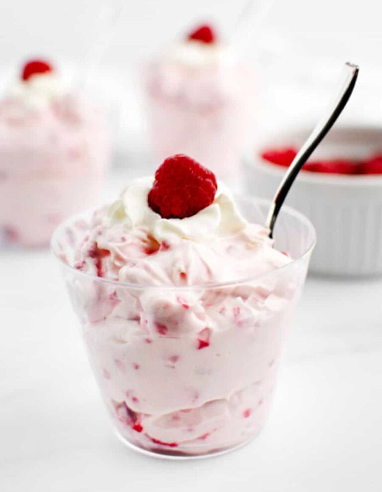 Raspberry Cheesecake Salad in Individual Serving Cup with Fresh Raspberry and Spoon