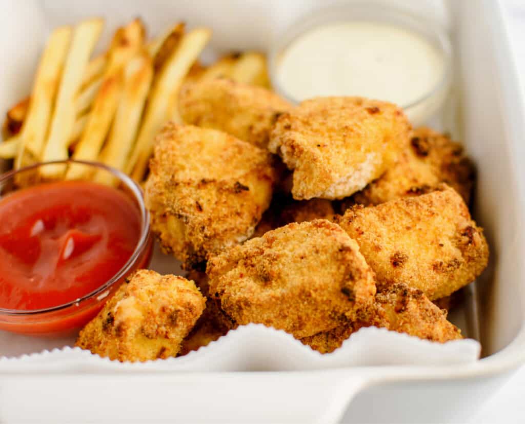 Air Fried Chicken Nuggets with Fries and Sauces