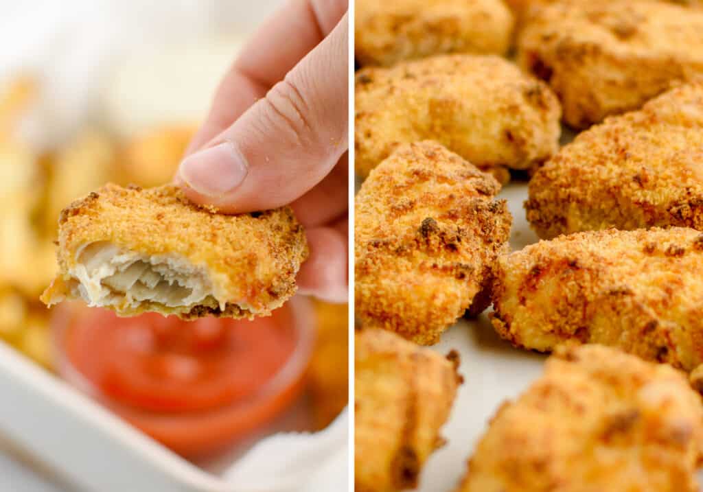 Chicken Nugget with Bite Take (left) Pile of Chicken Nuggets (right)