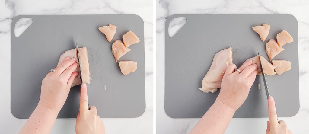 Cutting Chicken Into Nuggets on Grey Cutting Board