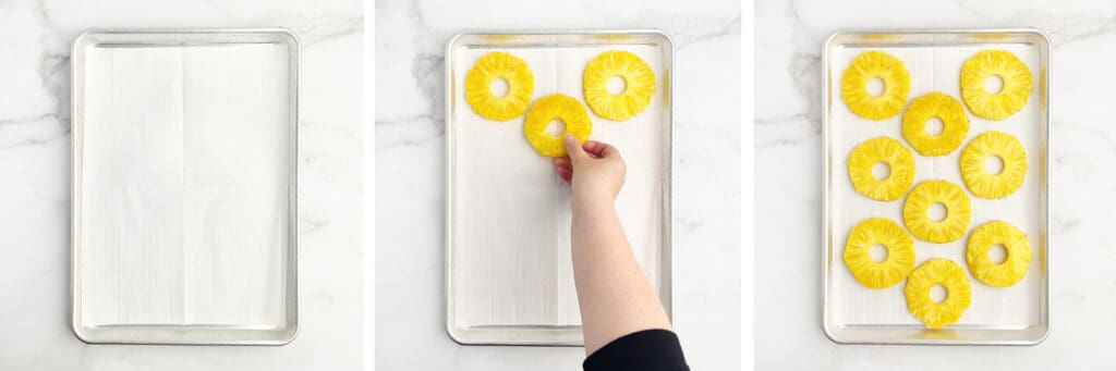 Baking Sheet, Parchment, and Pineapple Rings Arranged on Pan