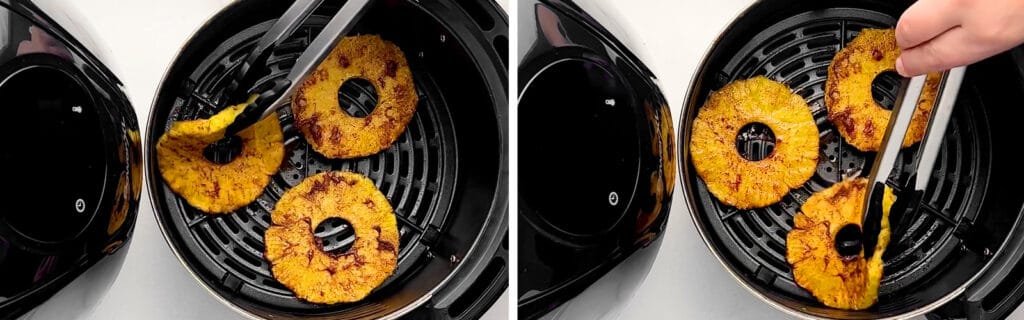 Air Fried Pineapple Flipped Halfway in Air Fryer Basket Using Kitchen Tongs
