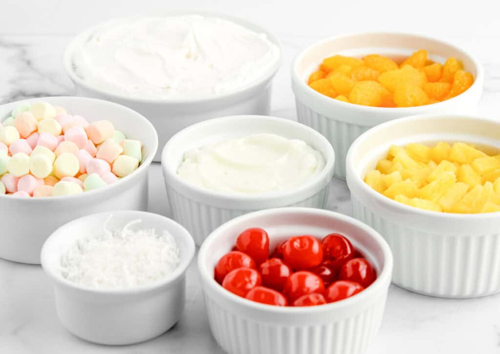 Ambrosia Salad Ingredients in Bowls