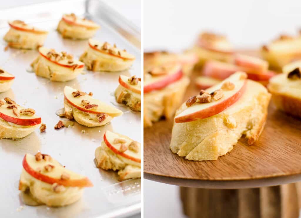 Apple Crostini on Parchment (left) on Wooden Serving Stand (right)