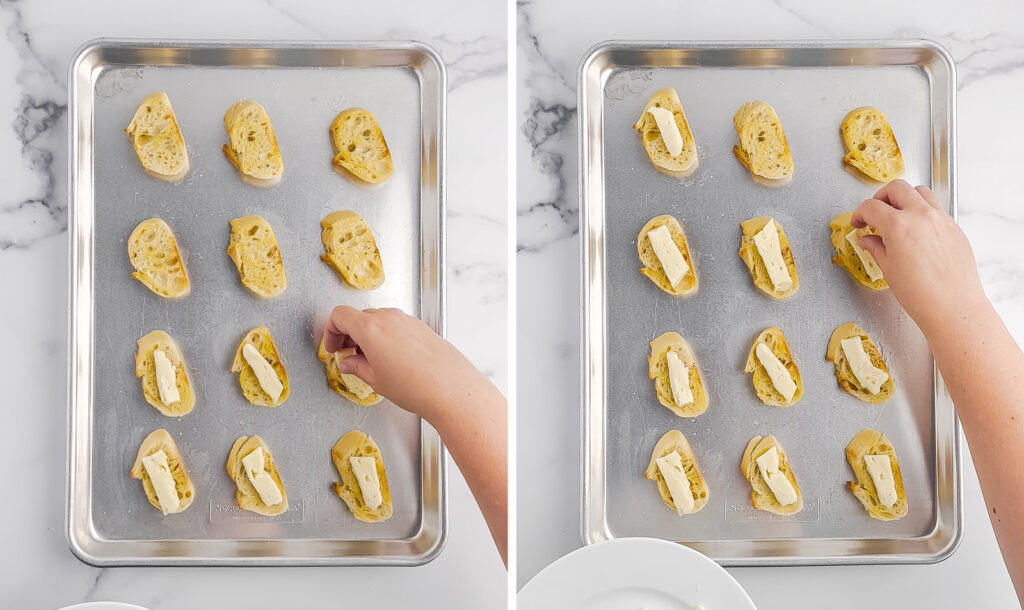 Topping Crostini with Slices of Brie on a Baking Sheet