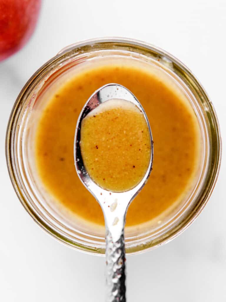 Apple Cider Vinaigrette Top View with Spoon in Jar