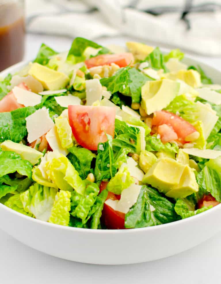 Avocado Tomato Romaine Salad in White Bowl