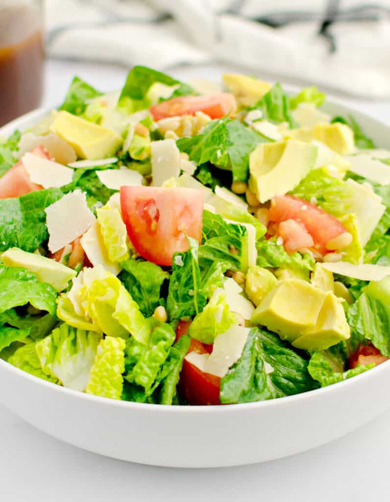 Avocado Tomato Romaine Salad in White Bowl
