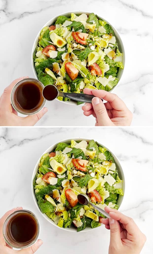 Adding Dijon Balsamic Dressing to Salad