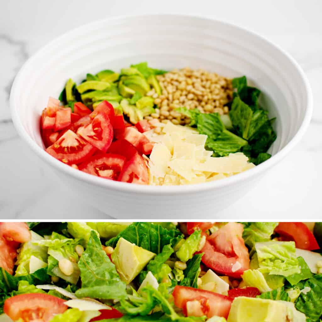 Salad Ingredients in White Bowl (top) and Closeup (bottom)