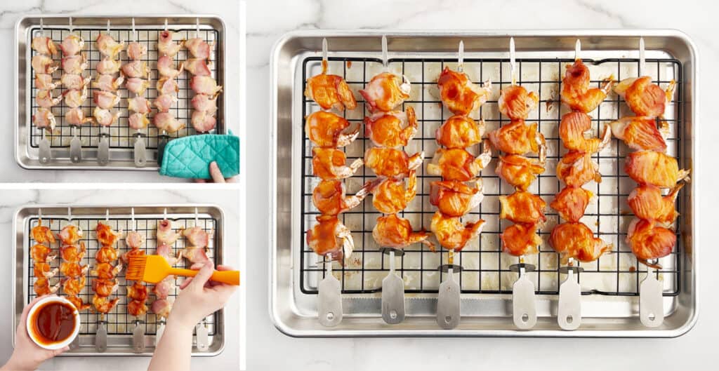 Brushing BBQ sauce on Bacon Shrimp Kabobs