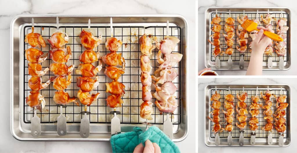 Flipping and Adding More Barbecue Sauce to Bacon Wrapped Shrimp