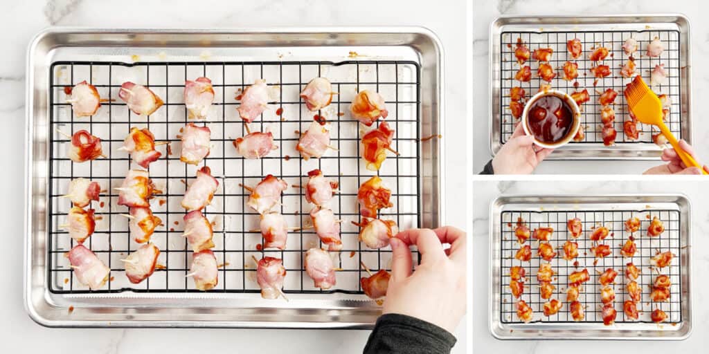 Flipping Bacon Wrapped Water Chestnuts and Spreading with More Sauce