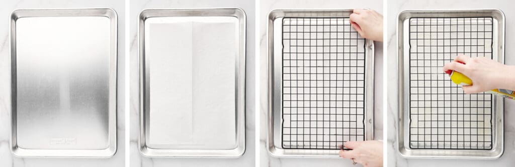 Preparing Baking Sheet with Parchment, Rack, and Spray