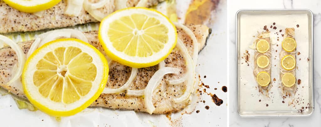 Cooked Baked Trout Fillet Closeup (left) On Baking Pan (right)