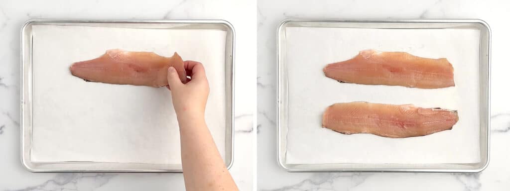 Raw Trout Fillets Placed on Baking Sheet with Parchment Paper