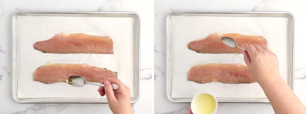 Drizzling Oil on Trout Fillets on Baking Sheet with Parchment