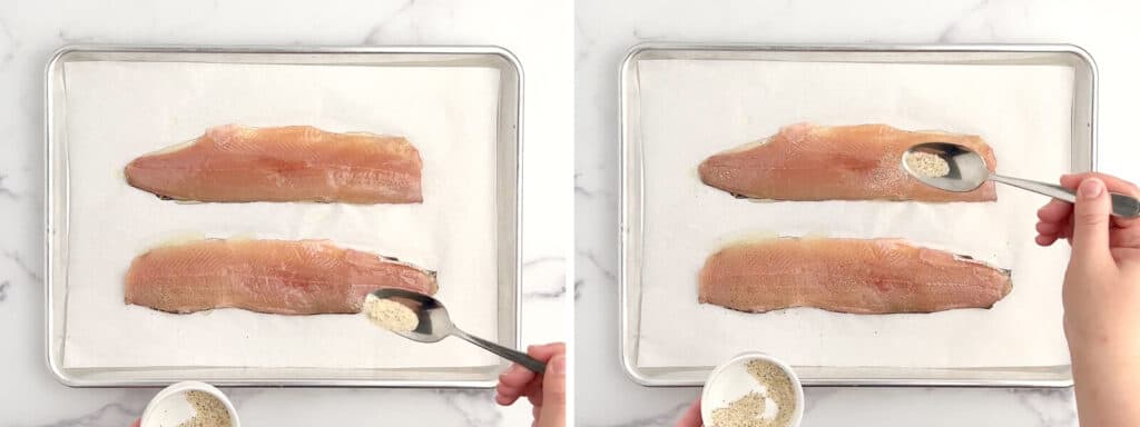 Adding Seasonings to Raw Trout Fillets on Baking Sheets with Parchment