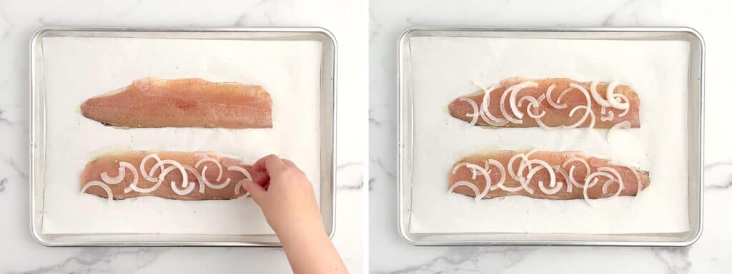 Adding Sliced Onion on Top of Trout Fillets on Baking Sheet with Parchment Paper