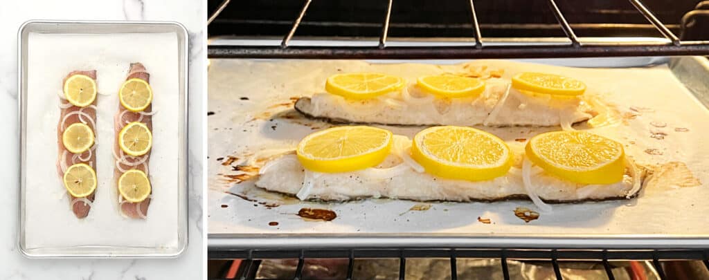 Prepared Trout Fillets (left) Trout Baking in Oven (right)