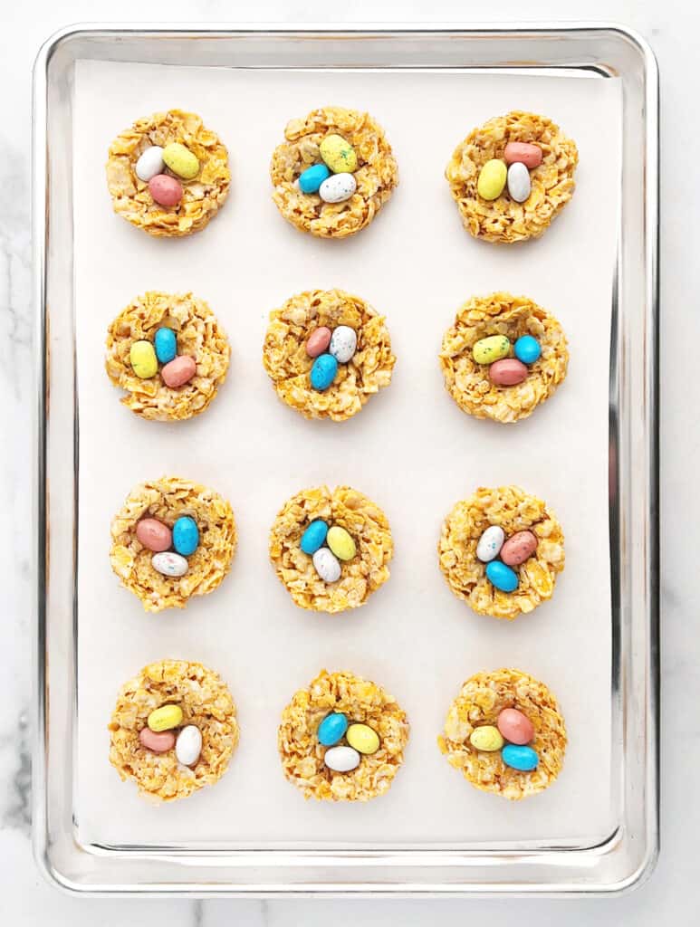 Finished Birds Nest Easter Treats on Pan with Parchment