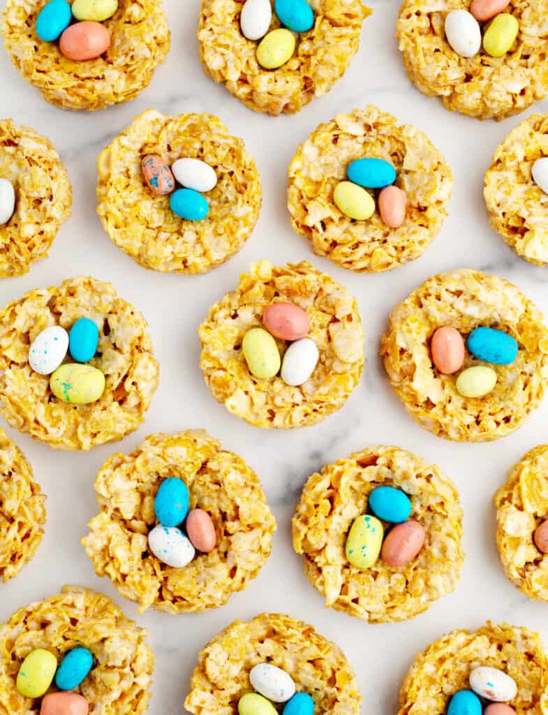 Rows of Birds Nest Cornflake Treats on Parchment