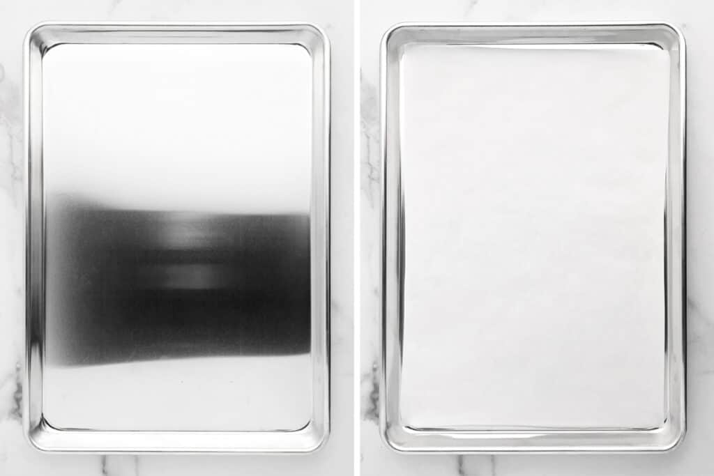 Baking Sheet (Left) Prepared Baking Sheet with Parchment