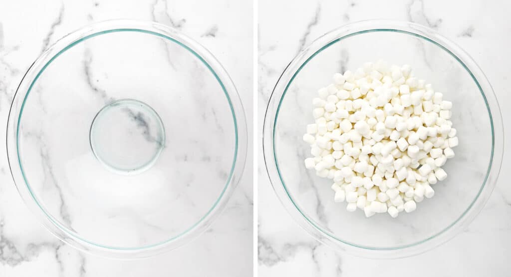 Marshmallows in Glass Bowl on White Marble