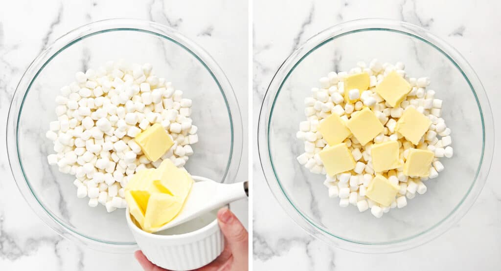 Adding Butter to Marshmallows in Glass Bowl on White Marble Surface