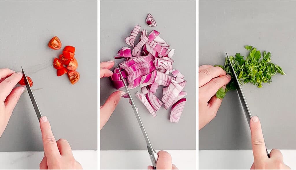 Chopping Tomatoes, Red Onion, and Cilantro on Grey Cutting Board with Knife