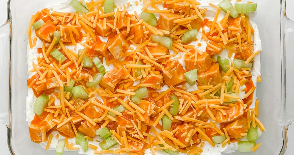Buffalo Chicken Dip in Glass Pan
