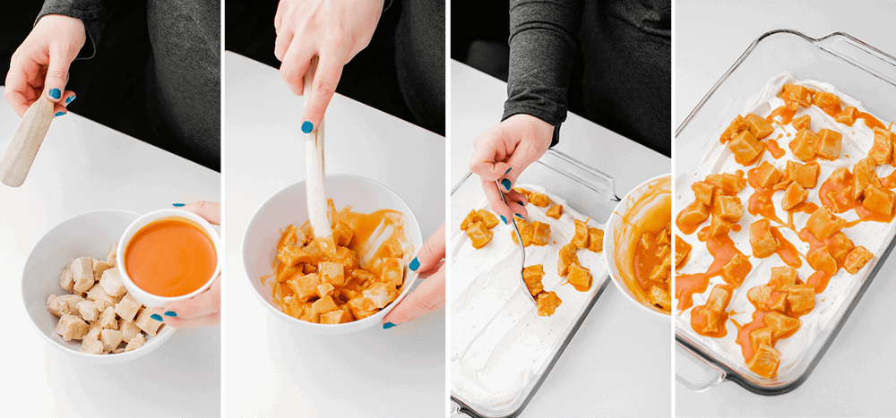 Tossing Chicken in Buffalo Sauce and Adding to the Ranch Mix in a 7 by 11 Glass Baking Dish