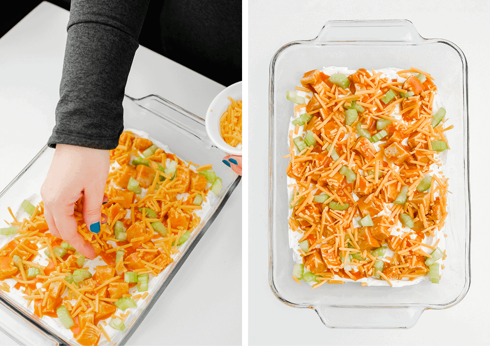 Sprinkling Cheddar Cheese Over Ranch Mix, Buffalo Chicken, and Celery Layers