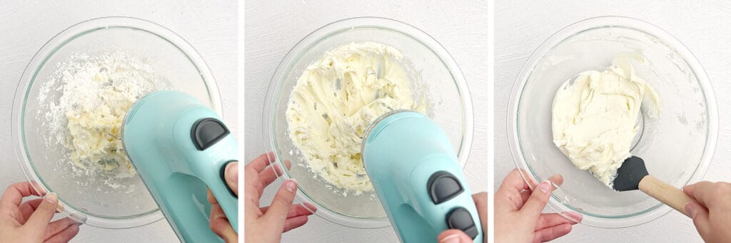 Hand Mixer Blending Sweet Cream Cheese Layer in Glass Bowl