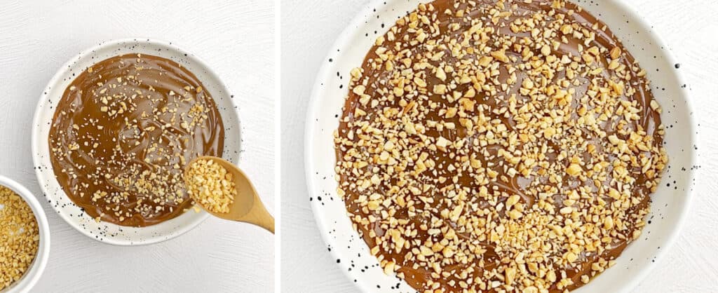 Final Layer of Chopped Peanuts on Top of Caramel in White Speckled Serving Bowl