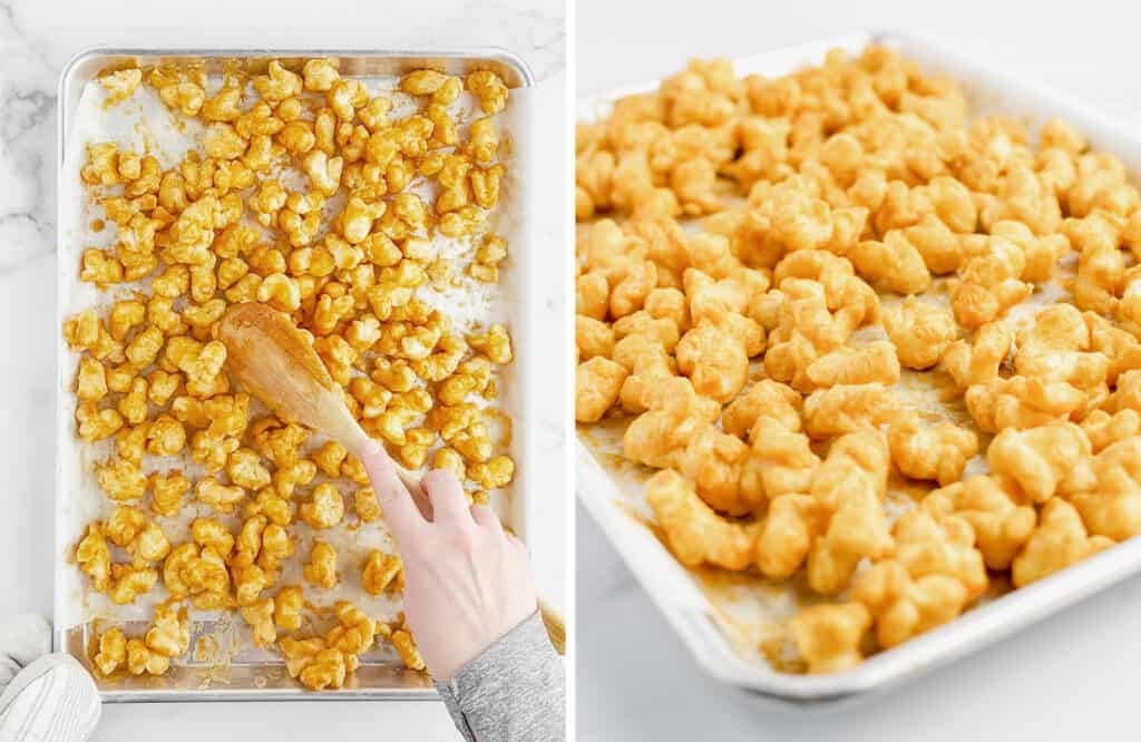 Breaking Apart Caramel Puff Popcorn and Letting Cool on Baking Sheet