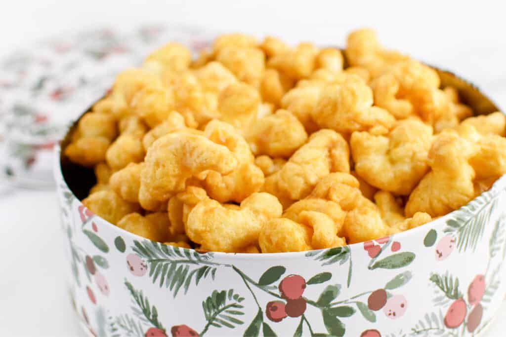 Caramel Puff Corn in Christmas Tin