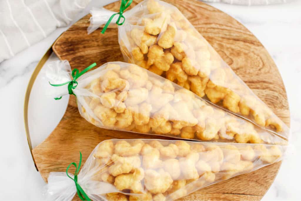 Caramel Puff Corn in Gift Wrap on Wooden Surface
