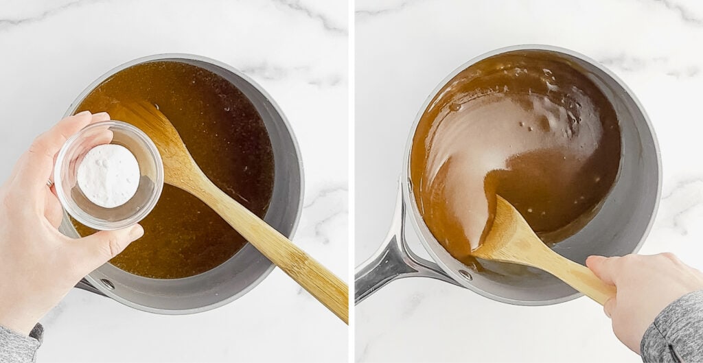 Adding Baking Soda to Caramel Mixture in Pan