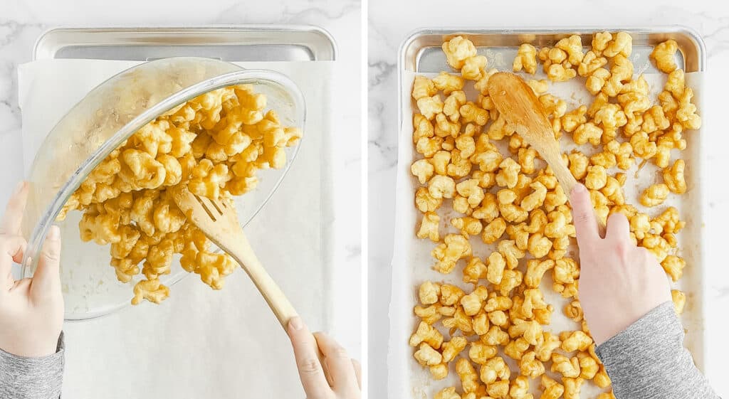 Spread Popcorn Covered in Caramel on Baking Sheet