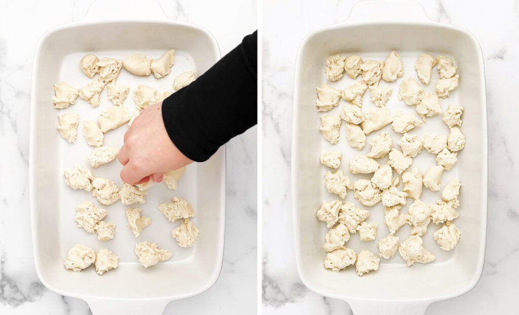 Tearing Apart Frozen Bread Dough and Placing in Pan