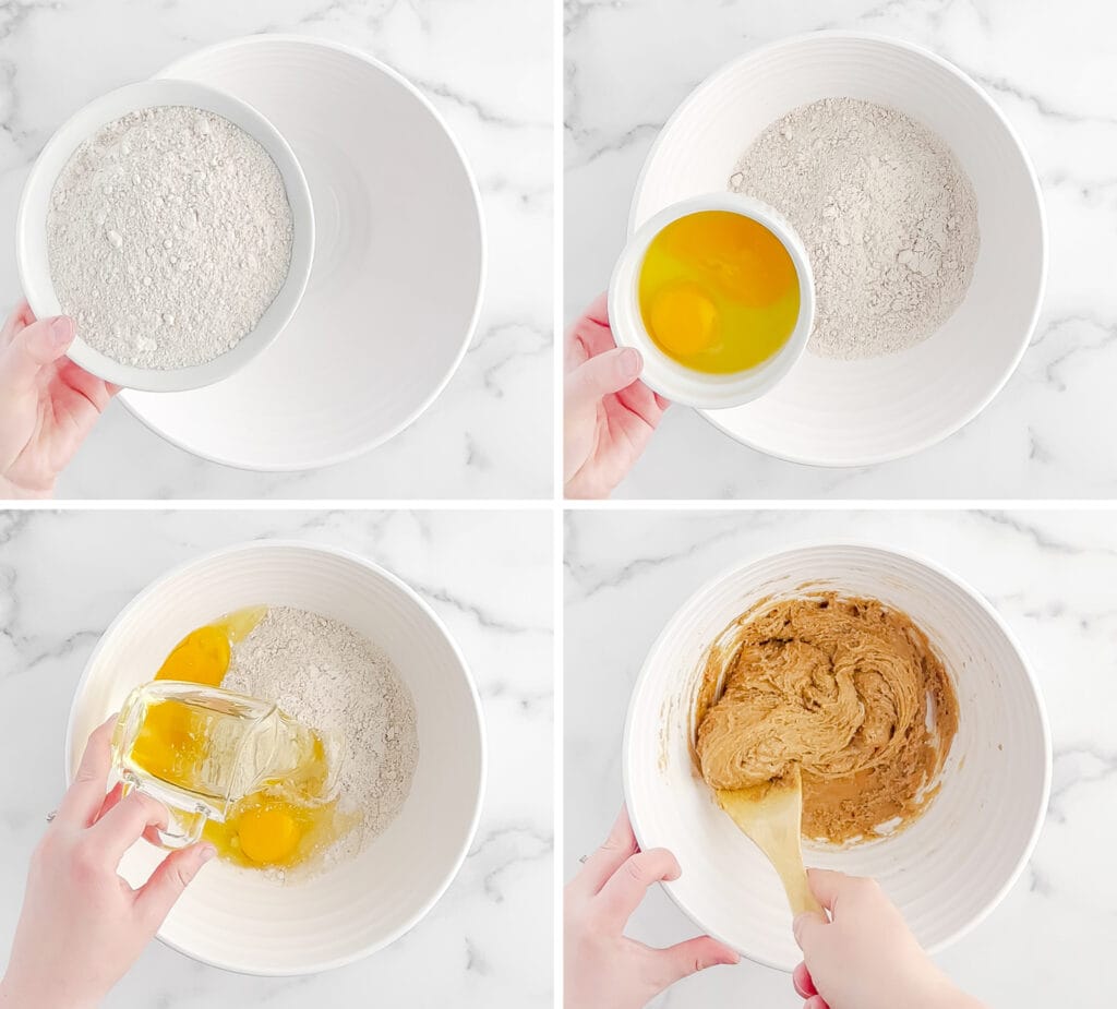 Mixing Cookie Dough Ingredients in White Bowl - Cake Mix, Egg, Oil
