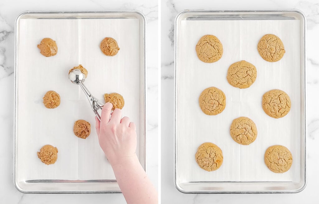 Adding Cookie Dough to Parchment Lined Pan with Cookie Scoop